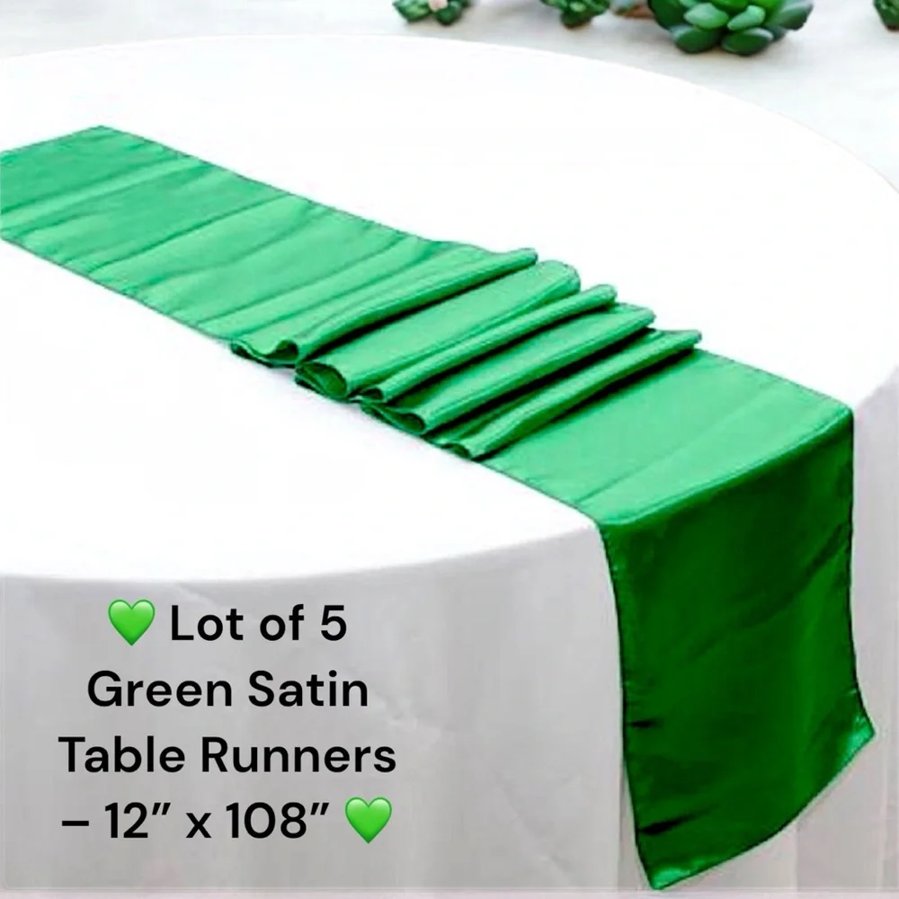 Lot of 5 Green Satin Table Runners – 12” x 108”